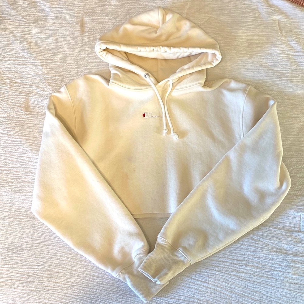 White Cropped Champion Hoodie Sweatshirt Size Small